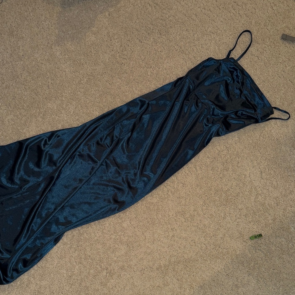 Elegant dark teal Blue Satin Slip Dress